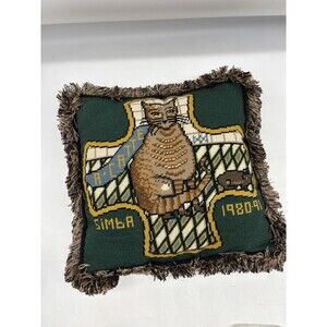 Vtg Needlepoint Tapestry Cat Throw Pillow 15”X 15”Home Decor W/ Fringe Handmade